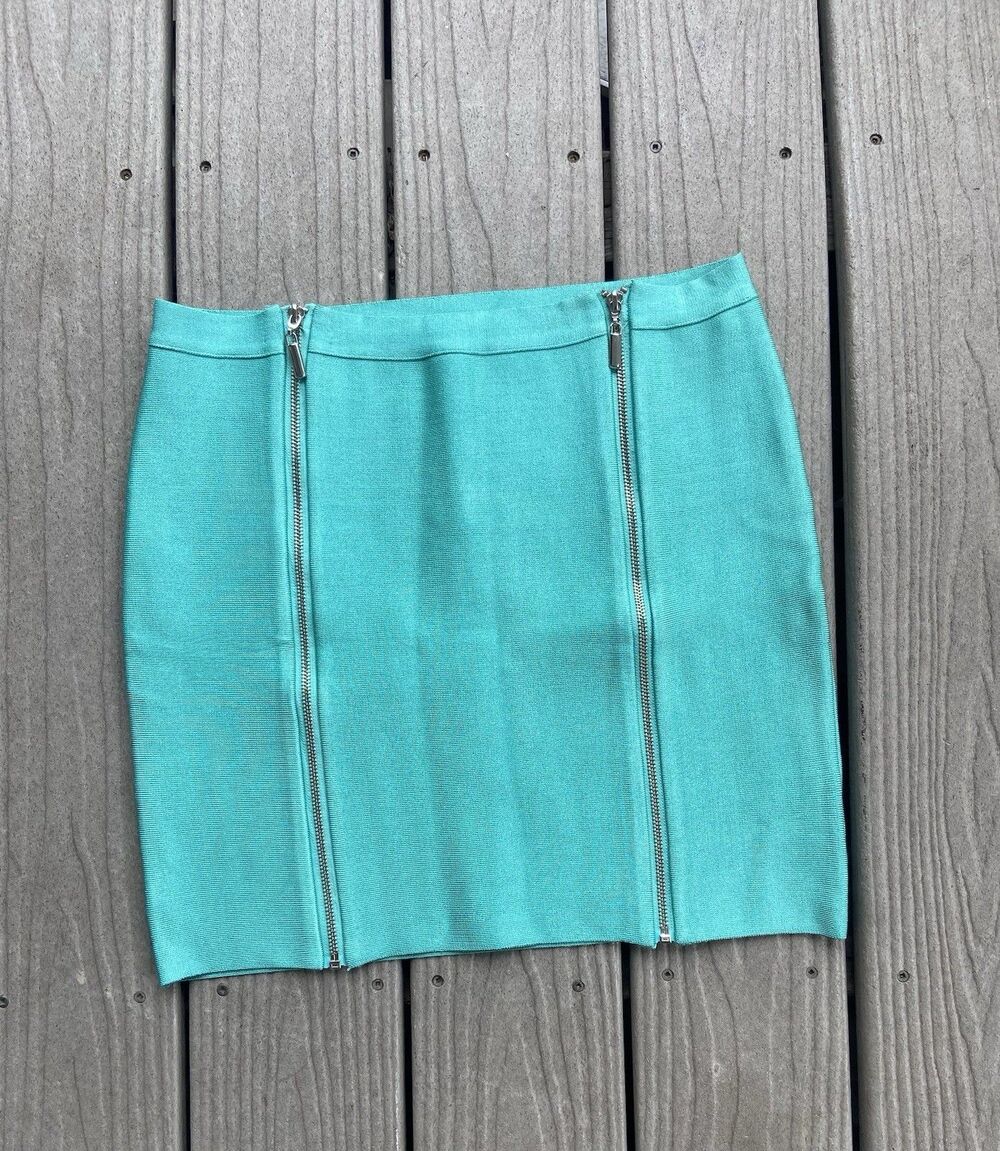 Bebe Womens L Turquoise Bodycon Mini Skirt Dual Zip Stretch Y2K Clubwear